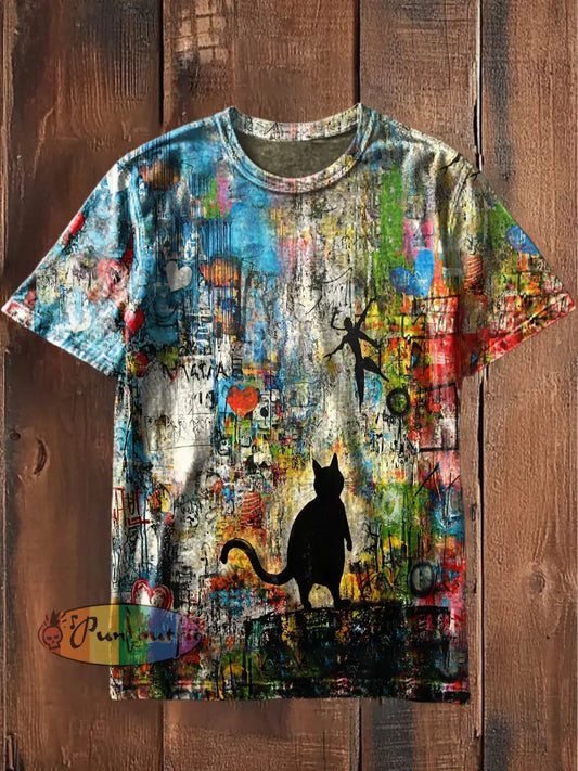 Unisex Men’s Vintage Colour Doodle Cat Art Abstract Print Casual Cotton Short Sleeve T-Shirt As picture / S