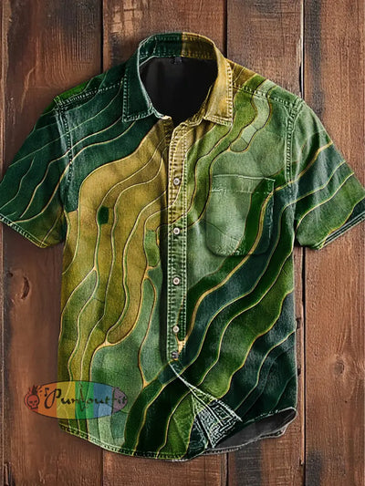 Unisex Men’s Vintage Colourful Green Gradient Ripple Abstract Print Casual Upgraded Cotton Short Sleeve Pocket Shirt