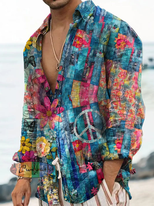 Unisex Men’s Vintage Colourful Hippie Flower Peace Abstract Print Casual Long Sleeve Shirt Blue / S