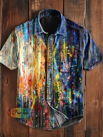 Unisex Men’s Vintage Colourful Oil Painting Art Abstract Print Casual Upgraded Cotton Short Sleeve Pocket Shirt As