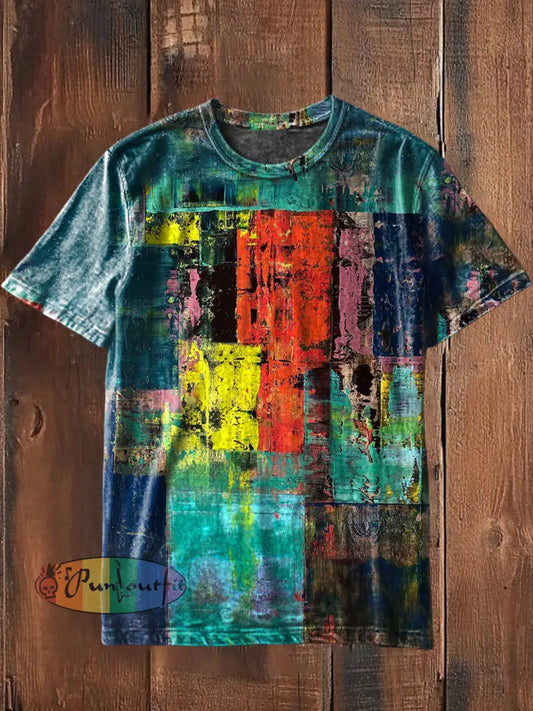 Unisex Men’s Vintage Colourful Pigment Colour Block Art Abstract Print Casual Cotton Short Sleeve T-Shirt As picture / S