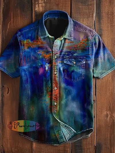 Unisex Men’s Vintage Colourful Sea Art Abstract Print Casual Short Sleeve Pocket Shirt Blue / S