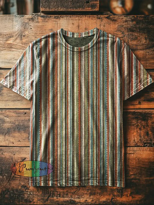Unisex Men’s Vintage Colourful Stripes Abstract Print Casual Cotton Short Sleeve T-Shirt As picture / S