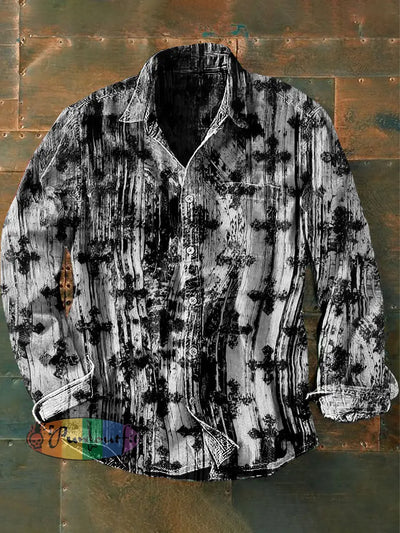 Unisex Men’s Vintage Dark Cross Graffiti Abstract Print Casual Long Sleeve Shirt Gray / S