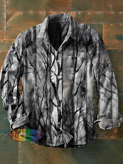 Unisex Men’s Vintage Dark Deep Forest Branches Abstract Print Casual Long Sleeve Shirt Gray / S