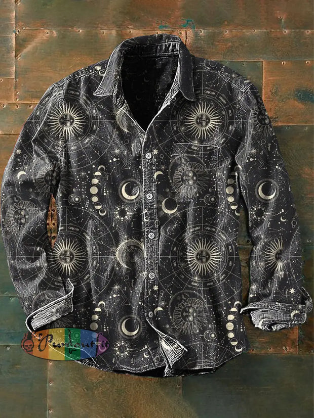 Unisex Men’s Vintage Dark Hippie Sun Moon Abstract Print Casual Long Sleeve Shirt Gray / S