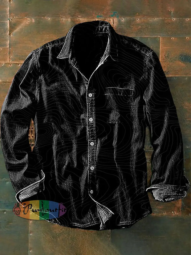 Unisex Men’s Vintage Dark Punk Ripple Abstract Print Casual Long Sleeve Shirt Black / S