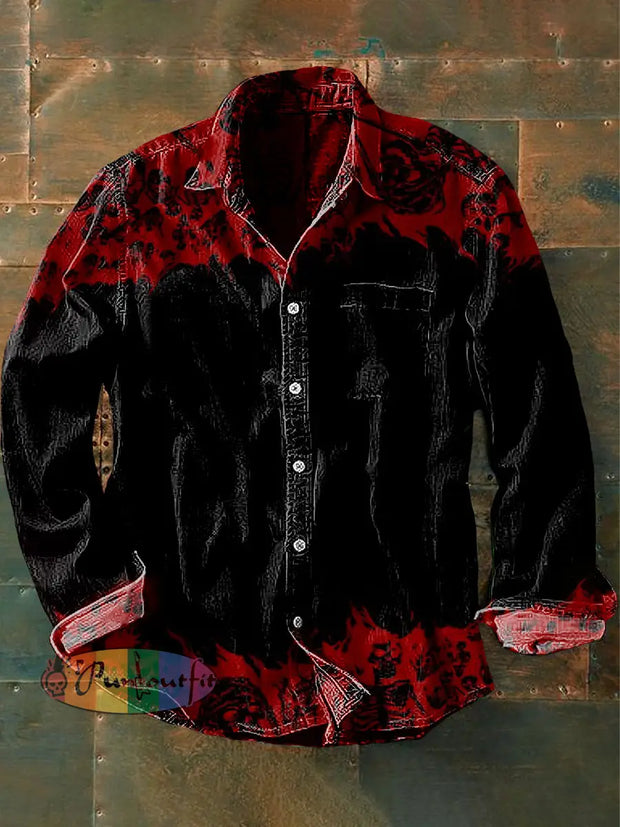 Unisex Men’s Vintage Dark Punk Skull Gradient Abstract Print Casual Long Sleeve Shirt Red / S