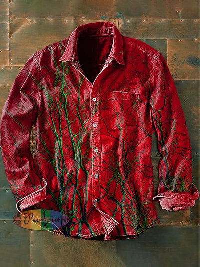 Unisex Men’s Vintage Dark Punk Twig Red Abstract Print Casual Long Sleeve Shirt / S