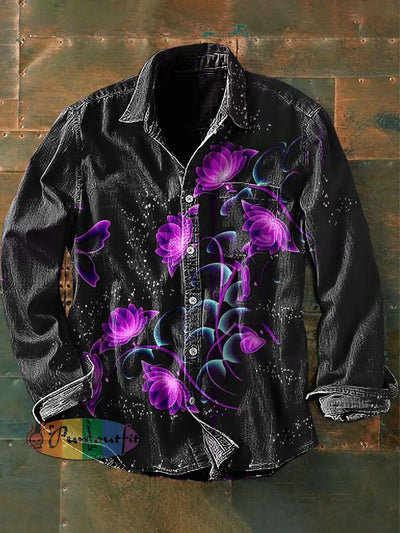 Unisex Men’s Vintage Dark Purple Lotus Flower Abstract Print Casual Long Sleeve Shirt Black / S