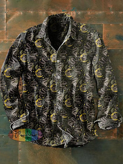 Unisex Men’s Vintage Dark Snake Moon Abstract Print Casual Long Sleeve Shirt Gray / S