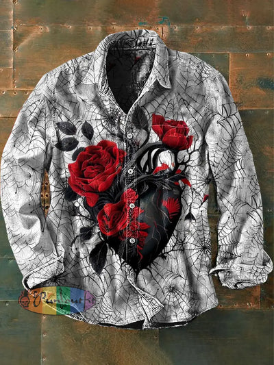 Unisex Men’s Vintage Dark Spider Web Heart Rose Abstract Print Casual Long Sleeve Shirt Light Gray / S