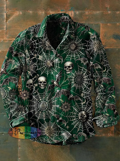 Unisex Men’s Vintage Dark Spiderweb Skull Bat Abstract Print Casual Long Sleeve Shirt Green / S