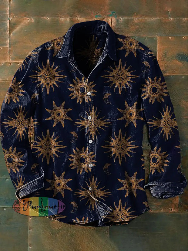 Unisex Men’s Vintage Dark Sun & Moon Abstract Print Casual Long Sleeve Shirt Navy Blue / S