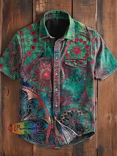 Unisex Men’s Vintage Gothic Colorful Floral Mandala Art Abstract Print Casual Short Sleeve Pocket Shirt Green / S