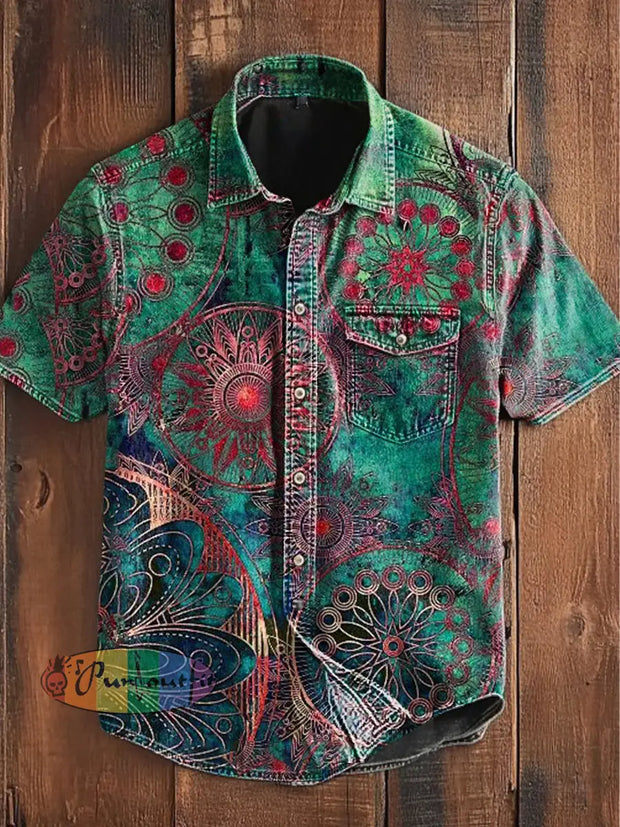 Unisex Men’s Vintage Gothic Colorful Floral Mandala Art Abstract Print Casual Short Sleeve Pocket Shirt Green / S
