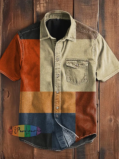 Unisex Men’s Vintage Gothic Colorful Patchwork Art Abstract Print Casual Short Sleeve Pocket Shirt As picture / S