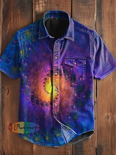 Unisex Men’s Vintage Gothic Colorful Swirling Star Art Abstract Print Casual Short Sleeve Pocket Shirt Purple / S