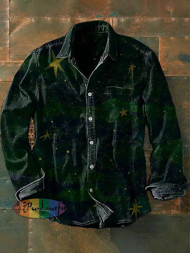 Unisex Men’s Vintage Gothic Colourful Green Sky Stars Abstract Print Casual Long Sleeve Shirt Dark Green / S