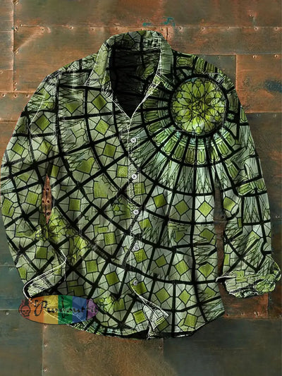 Unisex Men’s Vintage Gothic Colourful Window Circle Abstract Print Casual Long Sleeve Shirt Green / S