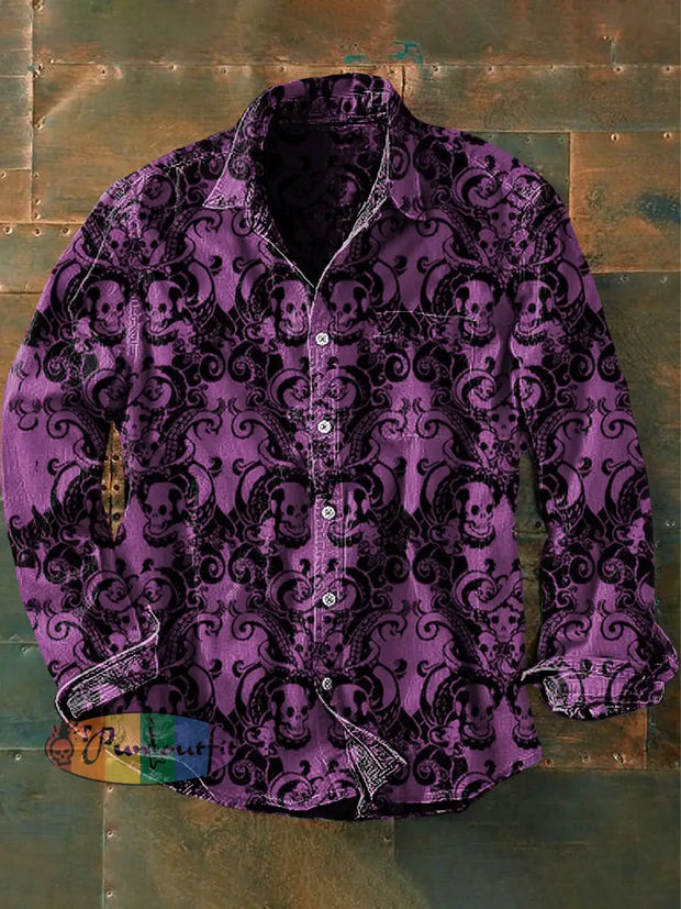 Unisex Men’s Vintage Gothic Dark Black Goat Print Casual Long Sleeve Shirt Purple / S