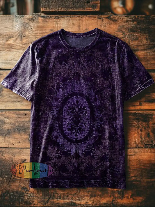 Unisex Men’s Vintage Gothic Floral Circle Patterns Abstract Print Casual Cotton Short Sleeve T-Shirt Purple / S