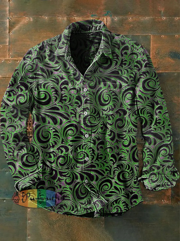 Unisex Men’s Vintage Gothic Floral Colorful Designs Abstract Print Casual Long Sleeve Shirt Green