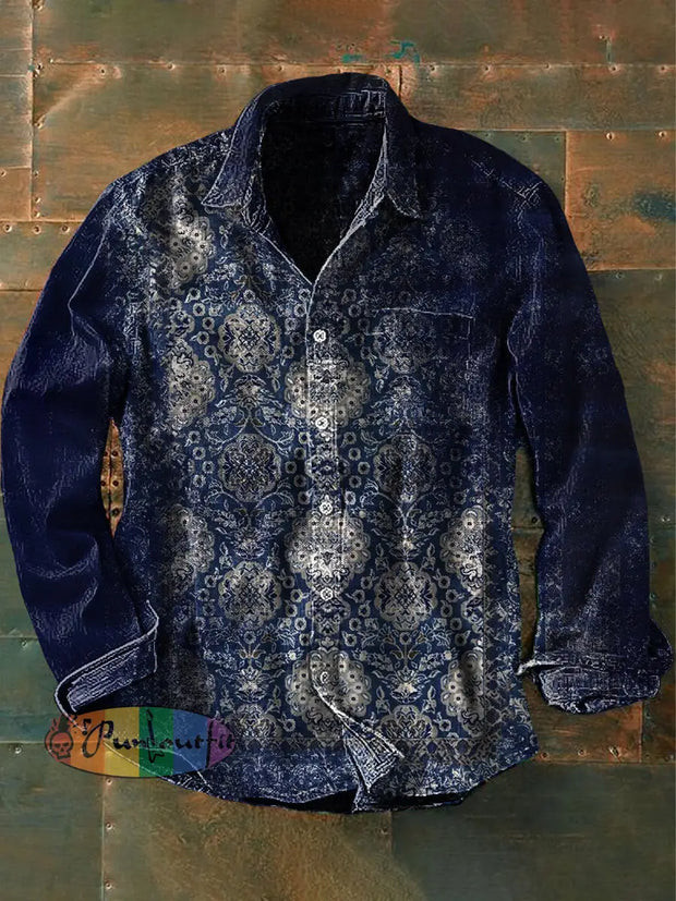 Unisex Men’s Vintage Gothic Floral Gradient Abstract Print Casual Long Sleeve Shirt Blue / S