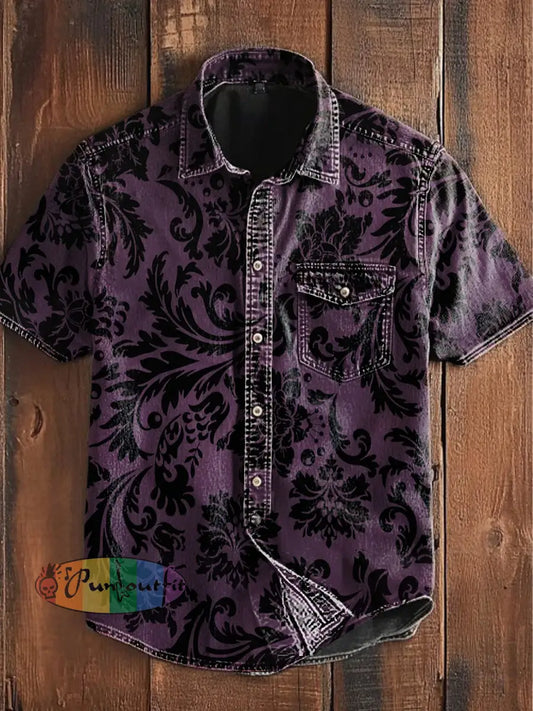 Unisex Men’s Vintage Gothic Floral Patterns Abstract Print Casual Short Sleeve Pocket Shirt Purple / S