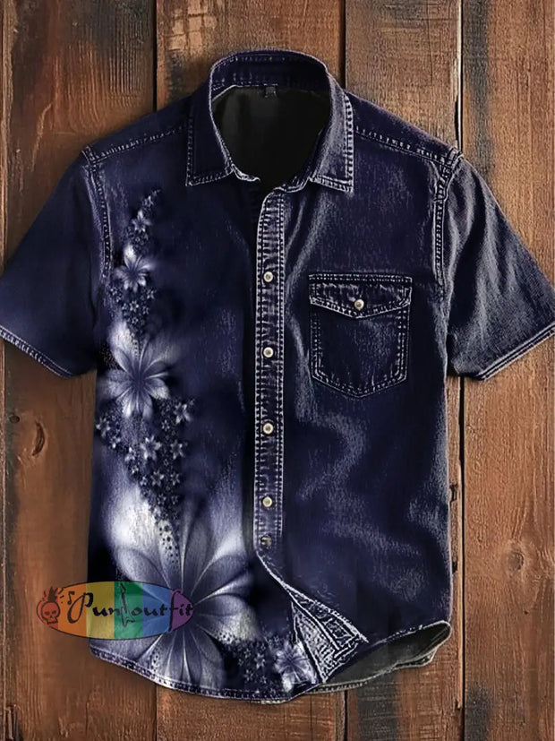 Unisex Men’s Vintage Gothic Gradient Magic Floral Art Abstract Print Casual Short Sleeve Pocket Shirt Deep Purple / S