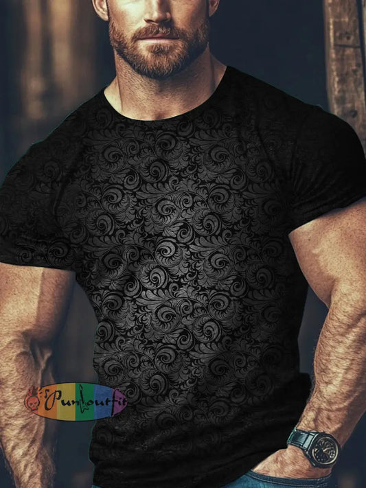 Unisex Men’s Vintage Gothic Gradient Swirl Art Abstract Print Casual Cotton Short Sleeve T-Shirt Black / S