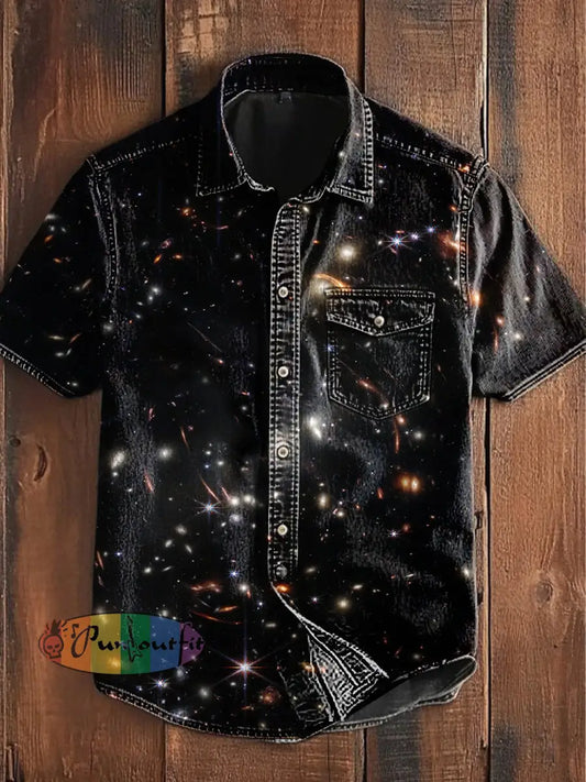 Unisex Men’s Vintage Gothic Party Highlight Sequins Abstract Print Casual Short Sleeve Pocket Shirt Black / S