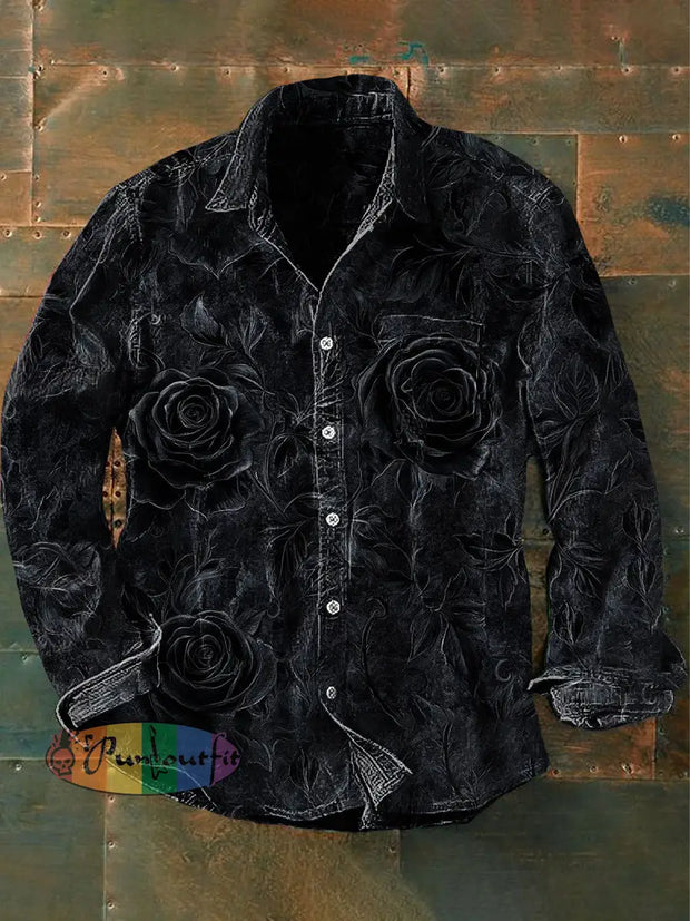 Unisex Men’s Vintage Gothic Punk Dark Rose Abstract Print Casual Long Sleeve Shirt Black / S