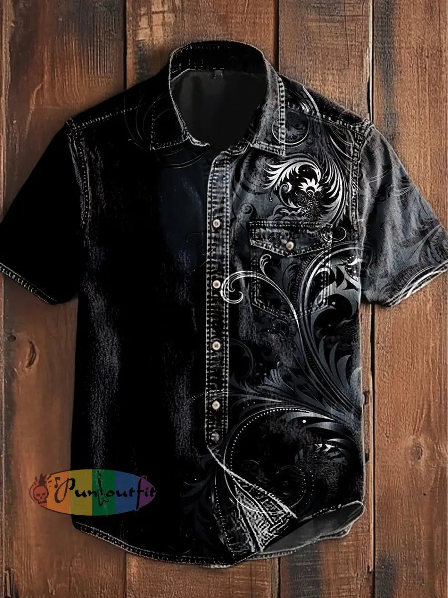 Unisex Men’s Vintage Gothic Punk Floral Designs Art Abstract Print Casual Short Sleeve Pocket Shirt Black / S