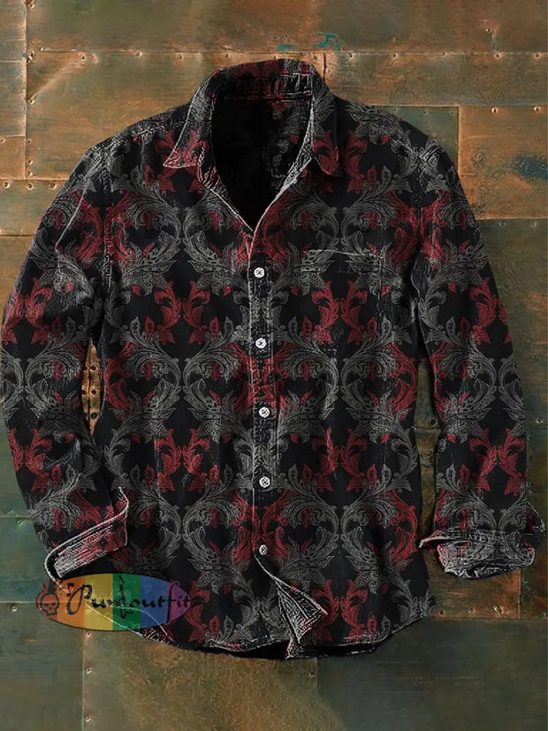 Unisex Men’s Vintage Gothic Style Feather Pattern Abstract Print Casual Long Sleeve Shirt Black / S