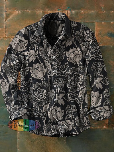 Unisex Men’s Vintage Gothic Style Floral Flower Pattern Abstract Print Casual Long Sleeve Shirt