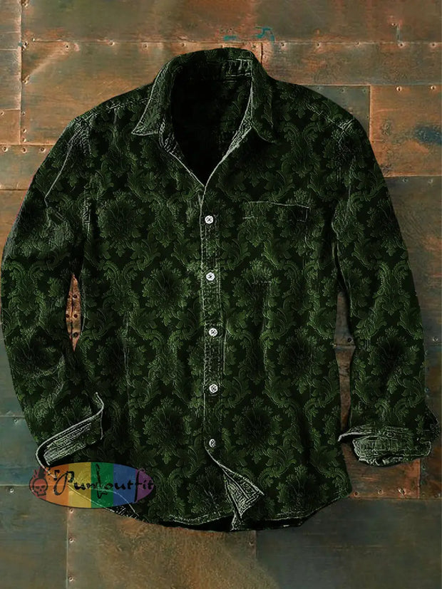 Unisex Men’s Vintage Gothic Style Floral Pattern Abstract Print Casual Long Sleeve Shirt Green / S