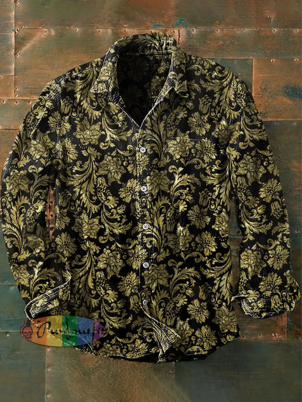 Unisex Men’s Vintage Gothic Style Gold Floral Patterns Abstract Print Casual Long Sleeve Shirt