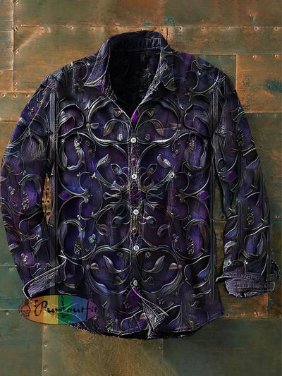 Unisex Men’s Vintage Gothic Style Purple Floral Abstract Print Casual Long Sleeve Shirt / S