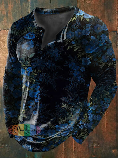 Unisex Men’s Vintage Gradient Blue Floral Art Print Casual Cotton Long Sleeve Button T-Shirt Blue / S