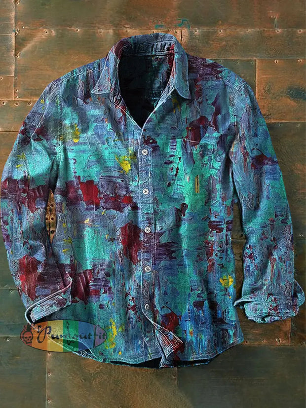 Unisex Men’s Vintage Gradient Blue Graffiti Abstract Print Casual Long Sleeve Shirt / S