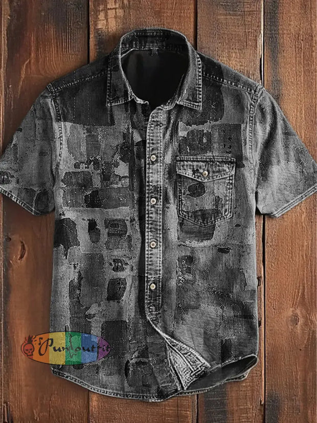 Unisex Men’s Vintage Gradient Geometric Design Abstract Print Casual Short Sleeve Pocket Shirt Gray / S