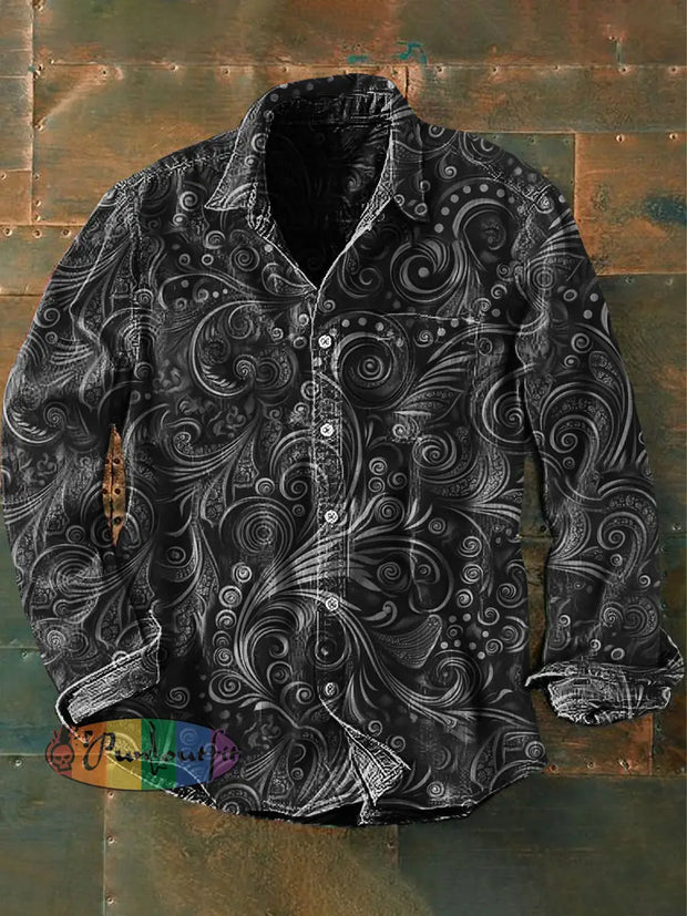 Unisex Men’s Vintage Gradient Gothic Perris Swirls Abstract Print Casual Long Sleeve Shirt Gray / S