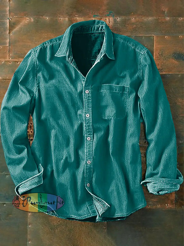 Unisex Men’s Vintage Green Cotton Linen Abstract Print Casual Long Sleeve Shirt / S