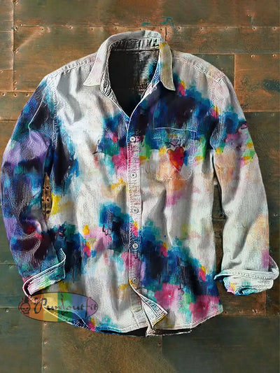 Unisex Men’s Vintage Hippie Colorful Tie Dye Heart Designs Abstract Print Casual Long Sleeve