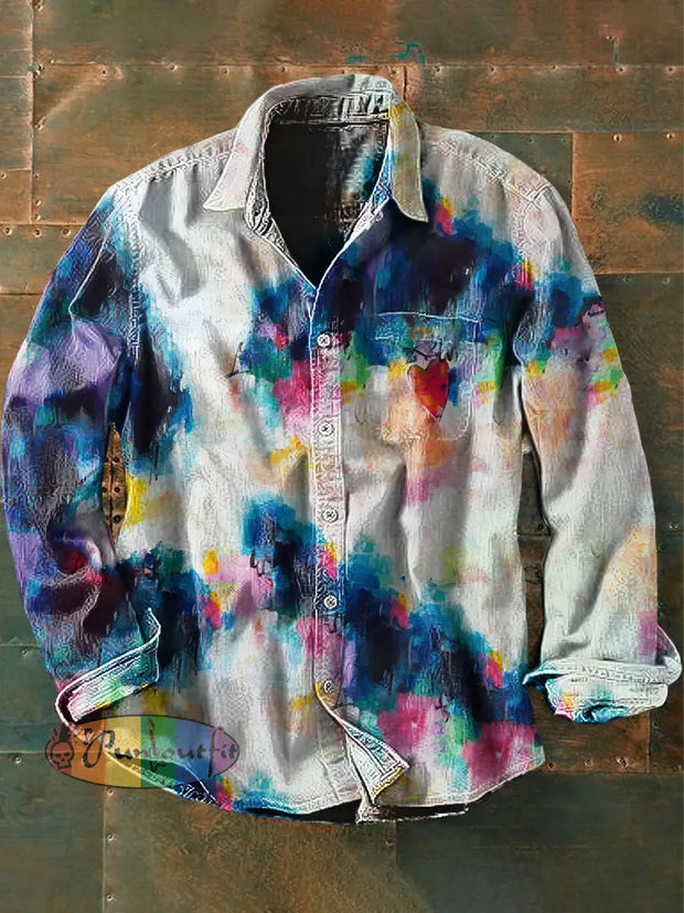 Unisex Men’s Vintage Hippie Colorful Tie Dye Heart Designs Abstract Print Casual Long Sleeve