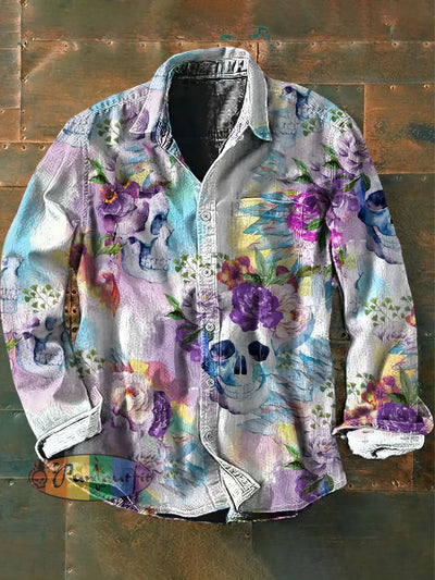 Unisex Men’s Vintage Hippie Colorful Valentine’s Day Skull Rose Abstract Print Casual Long