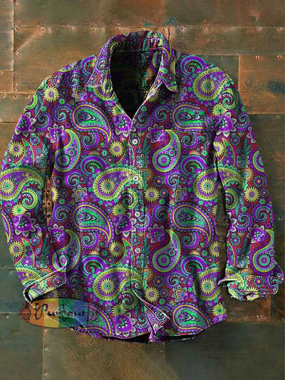 Unisex Men’s Vintage Hippie Perris Abstract Print Casual Long Sleeve Shirt Purple / S