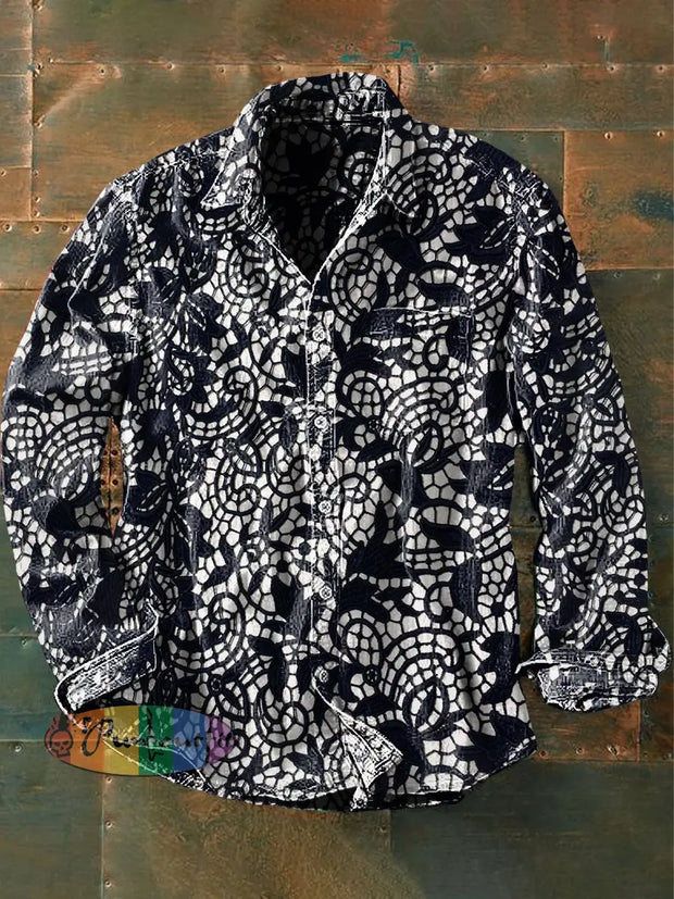 Unisex Men’s Vintage Lace Floral Raven Abstract Print Casual Long Sleeve Shirt Black / S