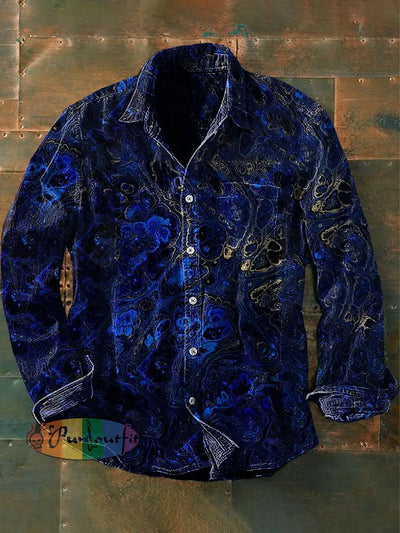 Unisex Men’s Vintage Lapis Lazuli Gold Textured Abstraction Print Casual Long Sleeve Shirt Navy